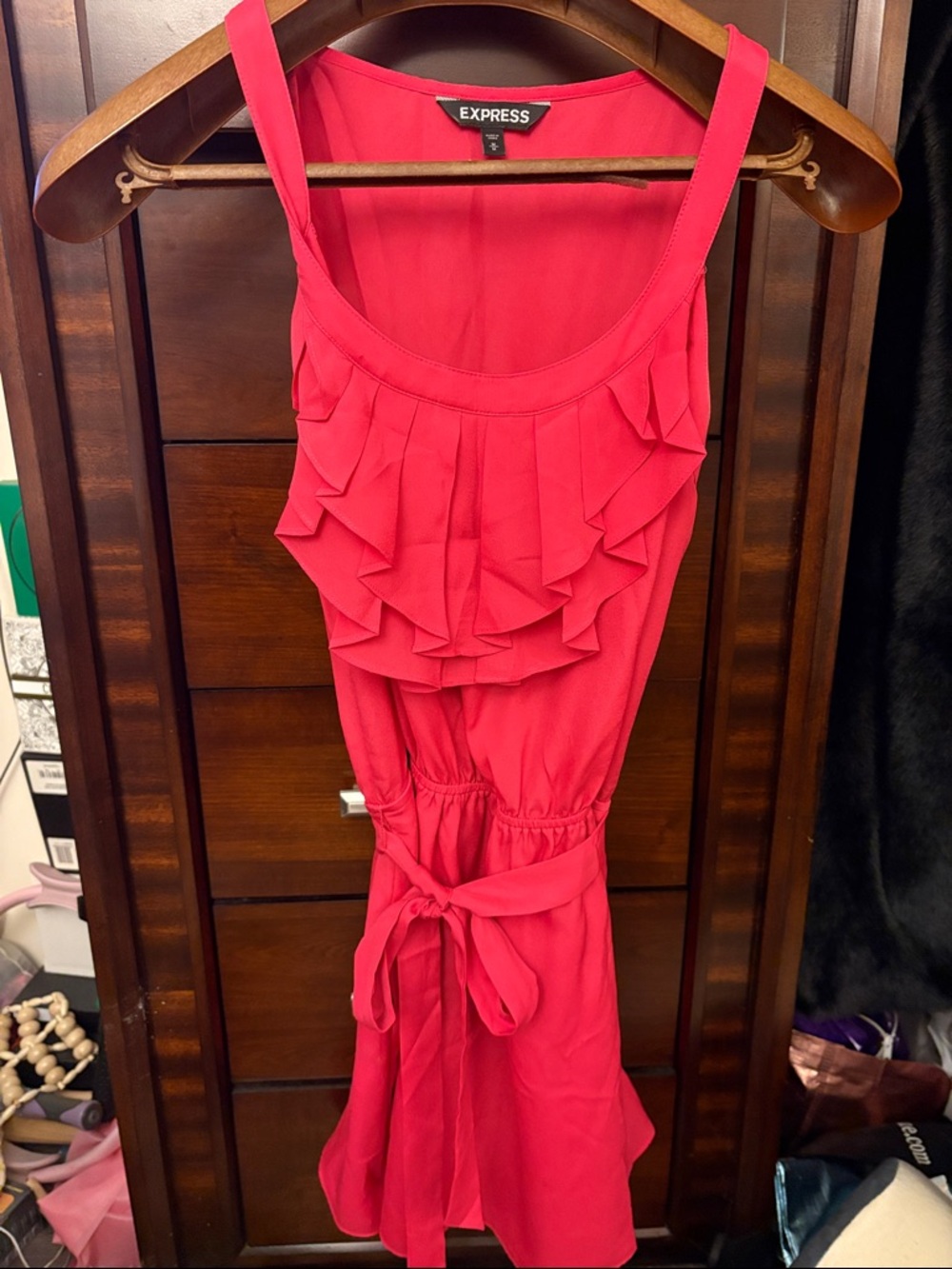 Express Ruffle Tie-Waist Sleeveless Dress in Hot Pink
